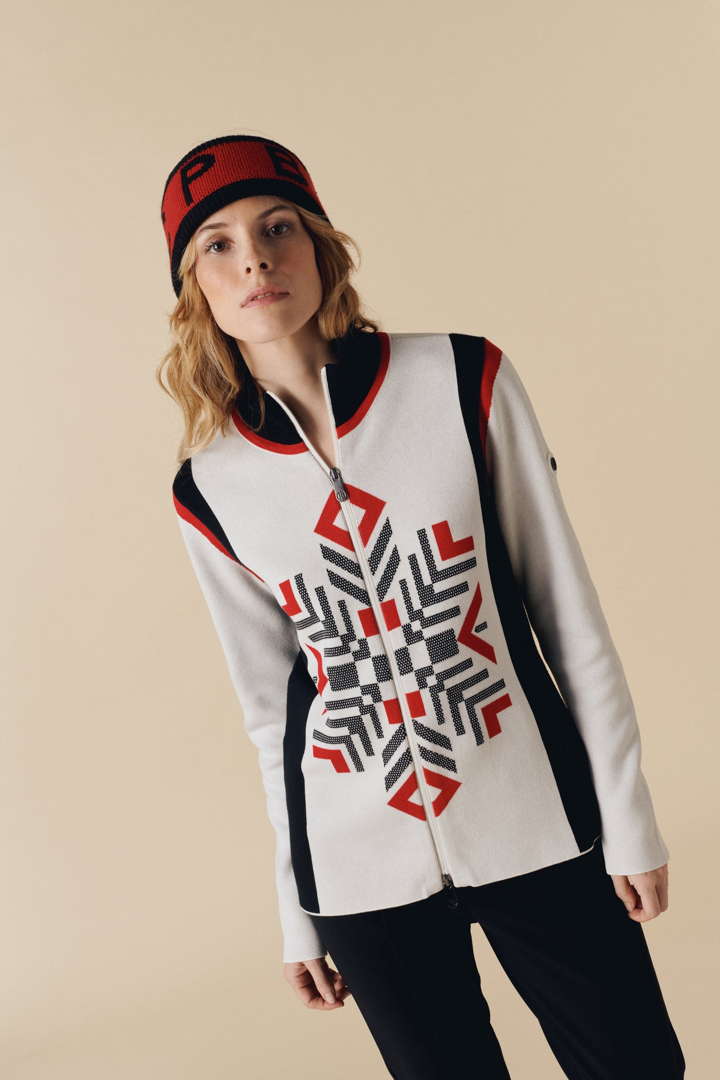 Women's Knit Jacket in White/Black/Red 3501