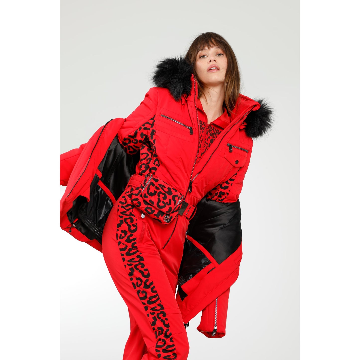 Poivre Blanc Women's all-in-one suit in Leopard Scarlet Red 0831